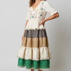 Handmade Boho Tiered Emrboidered Metallic Fringe Artisian Midi Dress, sz L